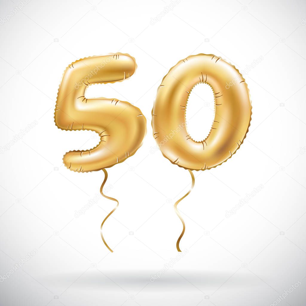 Vector Golden number 50 fifty metallic balloon. Party decoration golden balloons. Anniversary sign for happy holiday, celebration, birthday, carnival, new year. art
