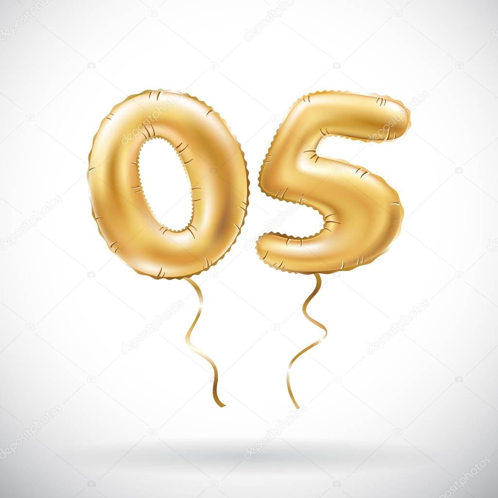 Vector Golden number 05 zero five metallic balloon. Party decoration golden balloons. Anniversary sign for happy holiday, celebration, birthday, carnival, new year. art
