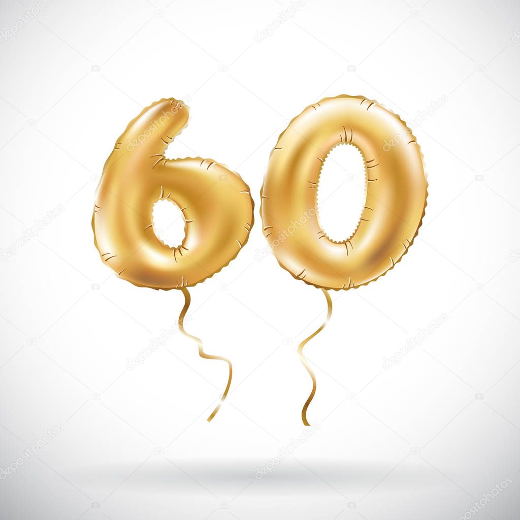 Vector Golden number 60 sixty metallic balloon. Party decoration golden balloons. Anniversary sign for happy holiday, celebration, birthday, carnival, new year. art