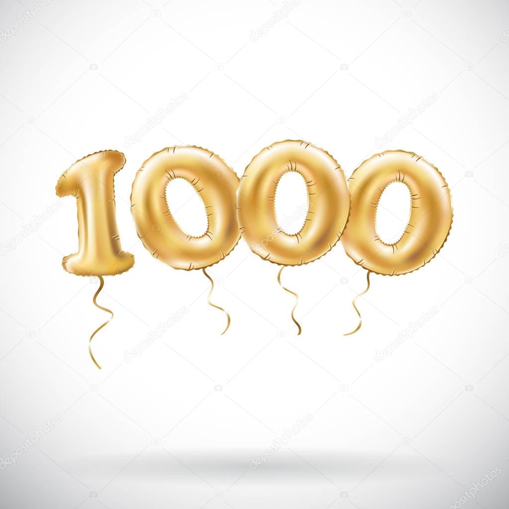 vector Golden number 1000 one thousand metallic balloon. Party decoration golden balloons. Anniversary sign for happy holiday, celebration, birthday, carnival, new year.