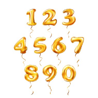 Golden vektör numara 1, 2, 3, 4, 5, 6, 7, 8, 9, 0 metalik balon. Parti dekorasyon altın balonlar. Mutlu tatil, kutlama, doğum günü, karnaval, yeni yıl yıldönümü işareti.