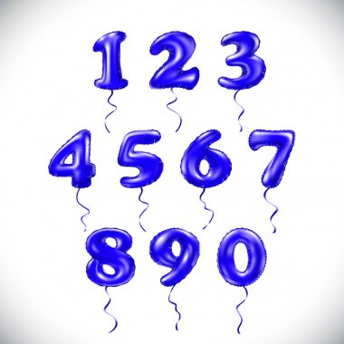 vektör sapphirine mavi numarası 1, 2, 3, 4, 5, 6, 7, 8, 9, 0 metalik balon. Parti dekorasyon altın balonlar. Mutlu tatil, kutlama, doğum günü, karnaval, yeni yıl ultramarine yıldönümü işareti
