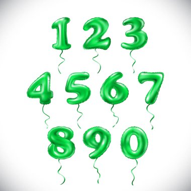 vektör yeşil sayı 1, 2, 3, 4, 5, 6, 7, 8, 9, 0 metalik balon. Parti dekorasyon altın balonlar. Mutlu tatil, kutlama, doğum günü, karnaval, yeni yıl yıldönümü işareti.