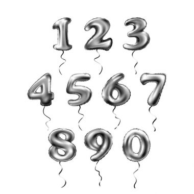 vektör gri numara 1, 2, 3, 4, 5, 6, 7, 8, 9, 0 metalik balon. Parti dekorasyon altın balonlar. Mutlu tatil, kutlama, doğum günü, karnaval, yeni yıl yıldönümü işareti.