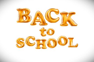 Metalik altın Balonlar, altın harf uçan ile okul için etiket eğitim illüstrasyon vektör. tatil, yazı kompozisyon havadaki altın parlak parlak yazı tipi.