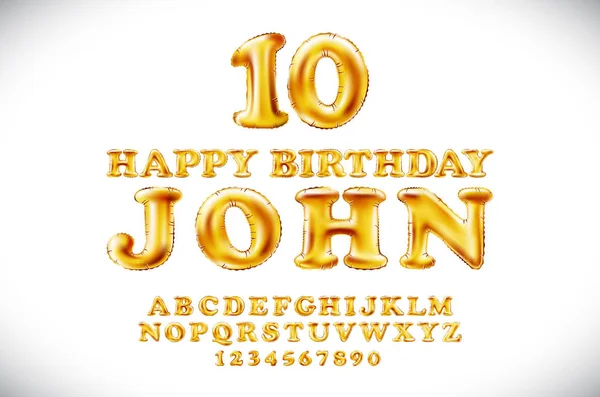 С днем рождения JOHN вектор металлических золотых воздушных шаров алфавит и цифры из желтого золота на белом фоне. имя праздники золотая буква. день рождения, праздник. блестящий яркий шрифт — стоковый вектор