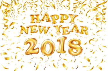 Hisse senedi vektör çizim gerçekçi 3d golden numaraları balonlar 2018. Parlak, ışıltılı yazı altın yaprak. Göl kenarında beyaz arka plan üzerinde balonlar. Tebrik kartı, afiş, broşür veya el ilanı şablonu. Eps10