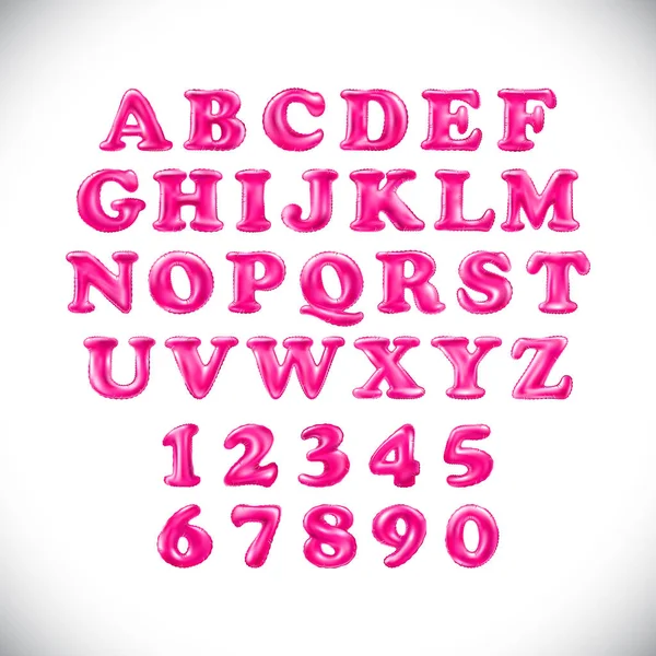 Englisches Alphabet und Ziffern aus rosa Luftballons auf weißem Hintergrund. Urlaub und Bildung — Stockvektor