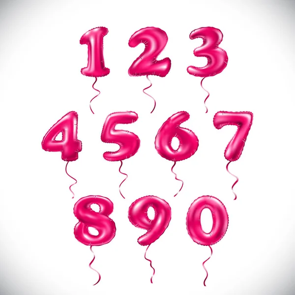 분홍색 벡터 번호 1, 2, 3, 4, 5, 6, 7, 8, 9, 0 금속 풍선. 마젠타 파티 장식 골든 풍선입니다. 행복 한 휴일, 축 하, 생일, 카니발, 새 해를 위한 기념일 표시. — 스톡 벡터
