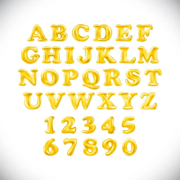 Alfabeto inglês e numerais de balões amarelos (dourados) sobre um fundo branco. férias e educação —  Vetores de Stock