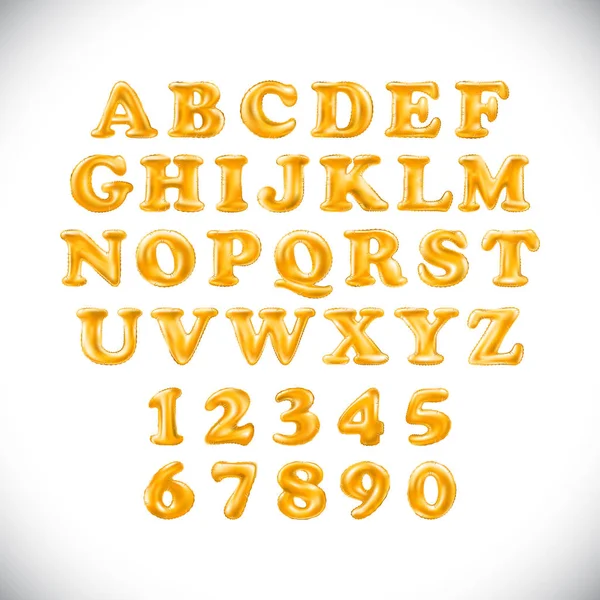 Alfabeto inglês e numerais de balões laranja em um fundo branco. férias e educação — Vetor de Stock
