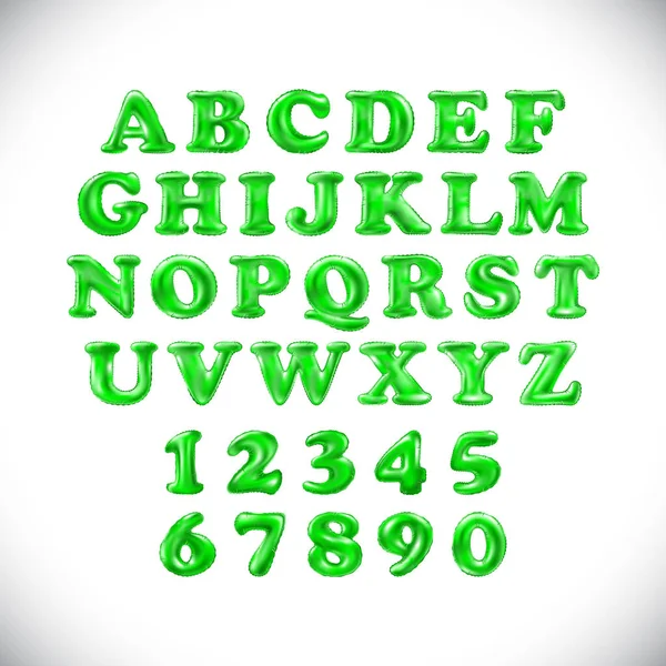 Αγγλικό αλφάβητο και ψηφία από πράσινα μπαλόνια σε λευκό φόντο. διακοπές και εκπαίδευση — Διανυσματικό Αρχείο