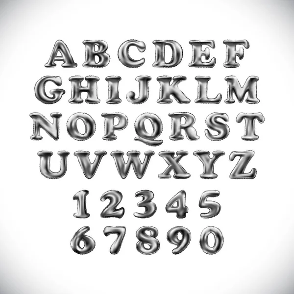 Gümüş parlak İngilizce alfabe ve sayılar beyaz bir arka planda gri balonları. tatil ve eğitim — Stok Vektör
