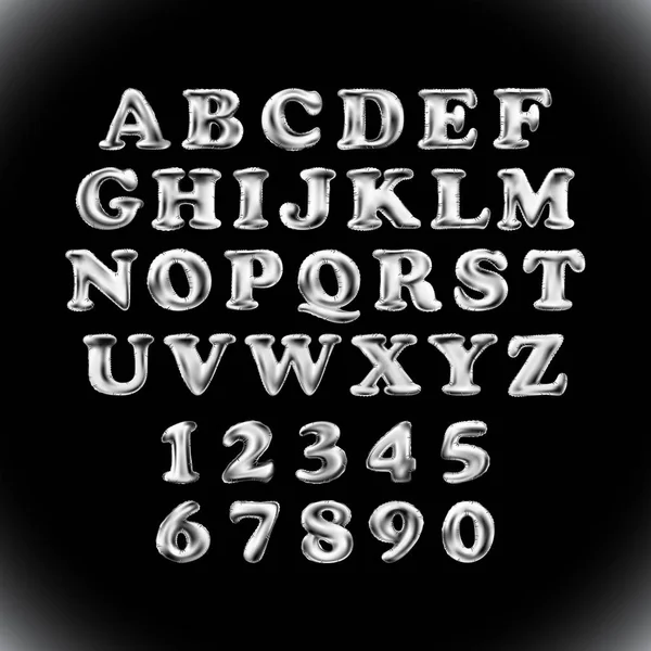 Alfabeto inglés brillante plateado y números de globos grises sobre fondo negro. vacaciones y educación — Vector de stock