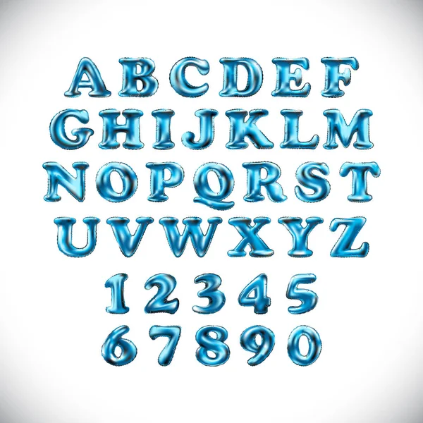 Alphabet anglais et chiffres de ballons bleu clair sur fond blanc. vacances et éducation — Image vectorielle