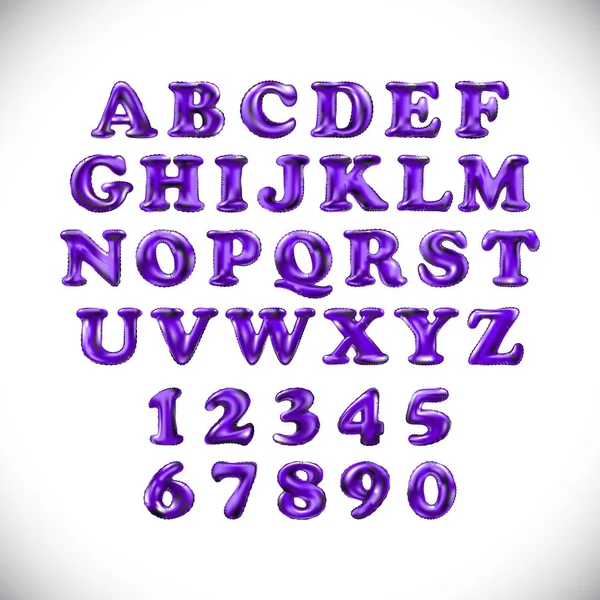 Alfabeto inglés y números de morado, globos violeta sobre un fondo blanco. vacaciones y educación — Vector de stock