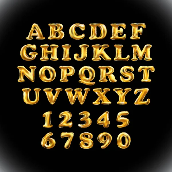 Alfabeto inglés y números de globos dorados amarillos sobre fondo negro. vacaciones y educación — Vector de stock