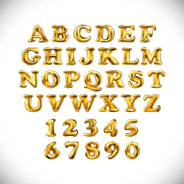 Αγγλικό αλφάβητο και ψηφία από κίτρινο χρυσό μπαλόνια σε λευκό φόντο. διακοπές και εκπαίδευση — Διανυσματικό Αρχείο