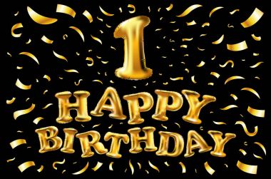 Altın bir 1 ilk metalik balon. Parti dekorasyon altın balonlar. Mutlu tatil, kutlama, doğum günü, karnaval, yeni yıl yıldönümü işareti. Metalik tasarım balon.