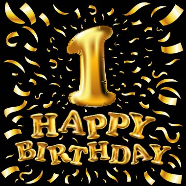 Altın bir 1 ilk metalik balon. Parti dekorasyon altın balonlar. Mutlu tatil, kutlama, doğum günü, karnaval, yeni yıl yıldönümü işareti. Metalik tasarım balon.