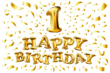 Altın bir 1 ilk metalik balon. Parti dekorasyon altın balonlar. Mutlu tatil, kutlama, doğum günü, karnaval, yeni yıl yıldönümü işareti. Metalik tasarım balon.