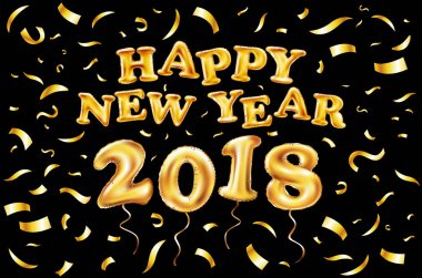 2018 mutlu yeni yıl altın ballon. siyah arka plan, glitter çerçeve, altın, metin. Kart kavramı tebrik, illüstrasyon vektör. Tatil siyah lüks poster.