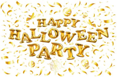 Mutlu Cadılar Bayramı altın parıltı balon yazı altın konfeti beyaz arka plan tebrik kartı