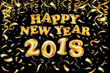 2018 mutlu yeni yıl altın ballon. siyah arka plan, glitter çerçeve, altın, metin. Kart kavramı tebrik, illüstrasyon vektör. Tatil siyah lüks poster.