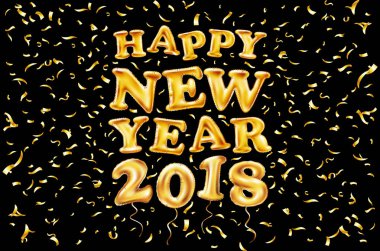 2018 mutlu yeni yıl altın ballon. siyah arka plan, glitter çerçeve, altın, metin. Kart kavramı tebrik, illüstrasyon vektör. Tatil siyah lüks poster.