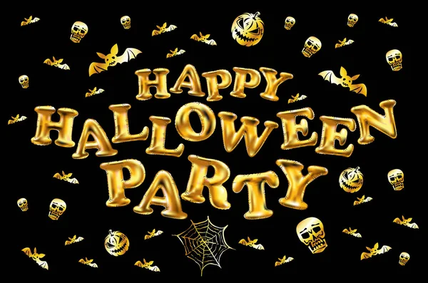 Glücklich halloween gold glitter Luftballon Schriftzug auf goldenem Konfetti schwarzem Hintergrund Grußkarte — Stockvektor