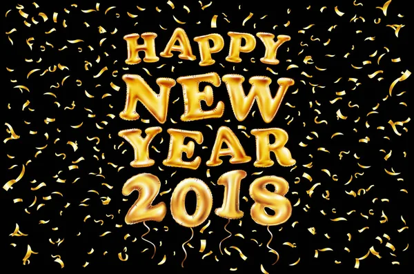 2018 mutlu yeni yıl altın ballon. siyah arka plan, glitter çerçeve, altın, metin. Kart kavramı tebrik, illüstrasyon vektör. Tatil siyah lüks poster.