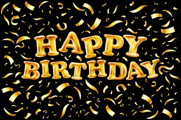 Letras mayúsculas HAPPY BIRTHDAY de letras de globos de oro sobre confeti dorado tarjeta de felicitación de fondo negro — Archivo Imágenes Vectoriales