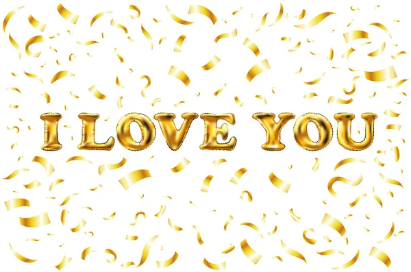 Вектор Золотий Я люблю тебе підписувати. фон. повітряна куля Золоте слово любові з конфетті кордоном і віями на білому . — стоковий вектор