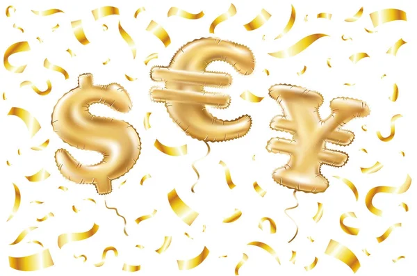 Vector Gold dollar euro yen symbol alphabet balloons, money and currency, Golden confetti number and letter balloon — Stock Vector