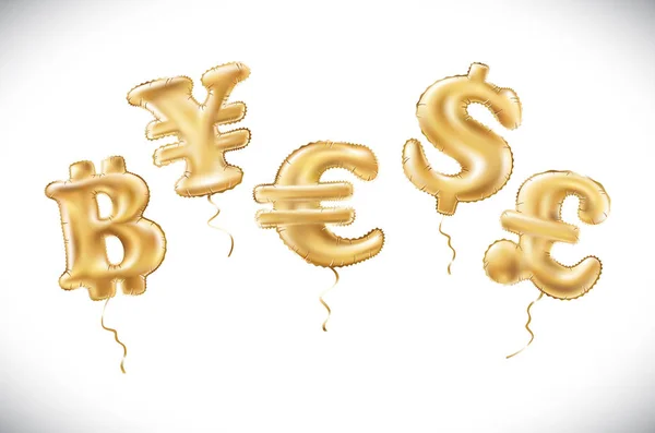 Vector Dólar de oro euro yen libra esterlina bitcoin símbolo alfabeto globos, dinero y moneda, número de oro y globo de letras — Archivo Imágenes Vectoriales
