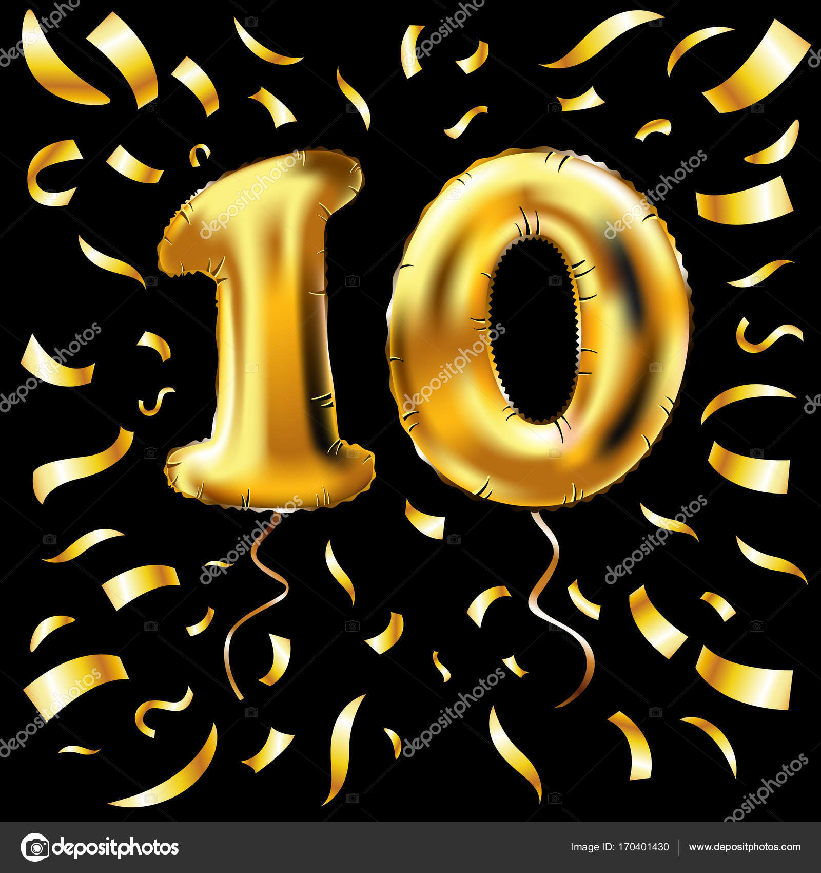 Golden number ten metallic balloon. 10 Party decoration gold balloons