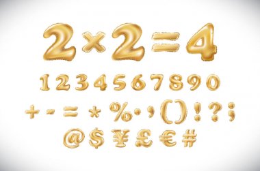 Metalik altın harf Balonlar, 1 2 3 4 5 6 7 8 9 altın sayı alphabeth. Matematik, sayılar