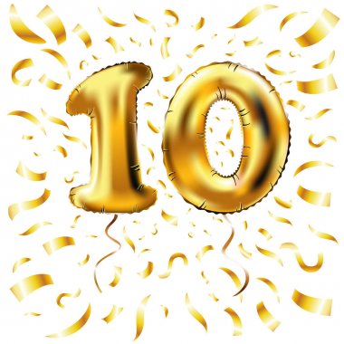 Altın sayısı on metalik balon. 10 parti dekorasyon altın balonu. Mutlu tatil, kutlama, doğum günü, karnaval, yeni yıl yıldönümü işareti. Metalik tasarım