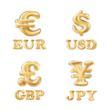 Balon altın dolar, Euro, Pound ve Yen para birimi simgeleri vektör. USD, Eur, Gbp ve Jpy para işareti sembolleri. Konsept web düğmeleri.
