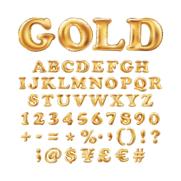 Metallic Gold alphabet Balloons, golden letter type for Text, Letter, new year, holiday, birthday, celebration. Golden shiny bright font in the air. — Stock Vector