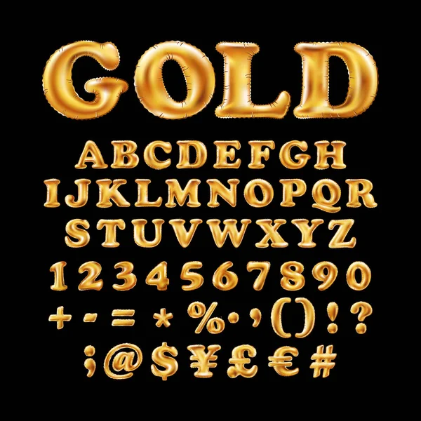 Anglická abeceda a číslice od žluté zlato bubliny na černém pozadí. svátky a vzdělání — Stockový vektor