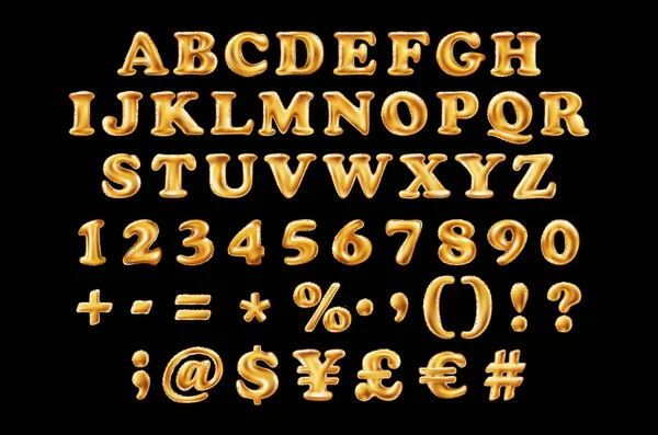 Russian alphabetic fonts and numbers from yellow Golden font balloons on a black background. праздники и образование — стоковый вектор