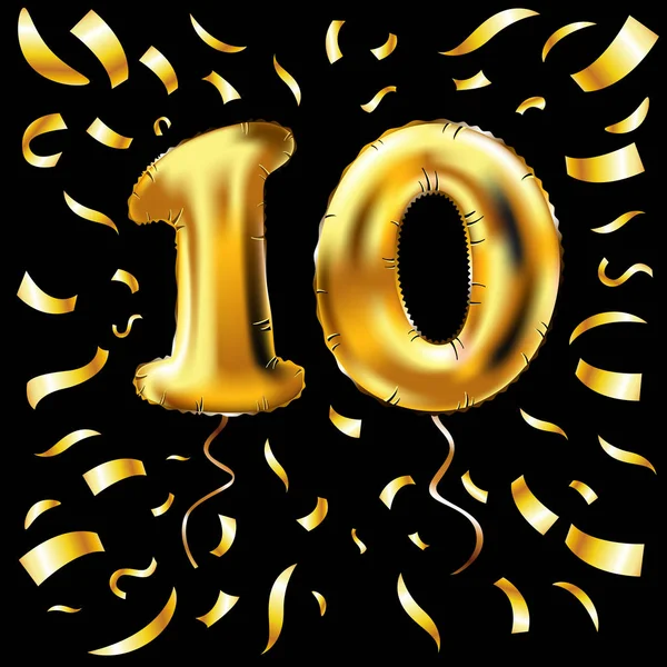 Золотий номер десять металева куля. 10 партійних прикрас золоті кулі. Ювілейний знак для щасливого свята, святкування, дня народження, карнавалу, нового року. Металевий дизайн — стоковий вектор