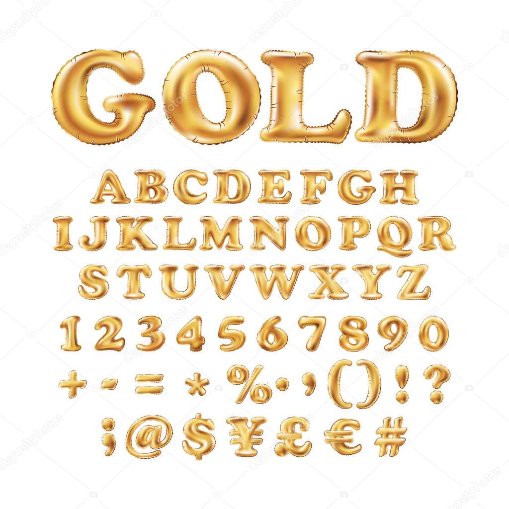 Metallic Gold alphabet Balloons, golden letter type for Text, Letter, new year, holiday, birthday, celebration. Golden shiny bright font in the air.