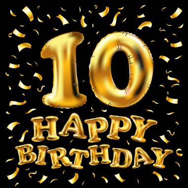 vektör mutlu yıllar altın on numara metalik balon. 10 parti dekorasyon. Tatil, kutlama, karnaval, yeni yıl yıldönümü işareti. Metalik tasarım balon.