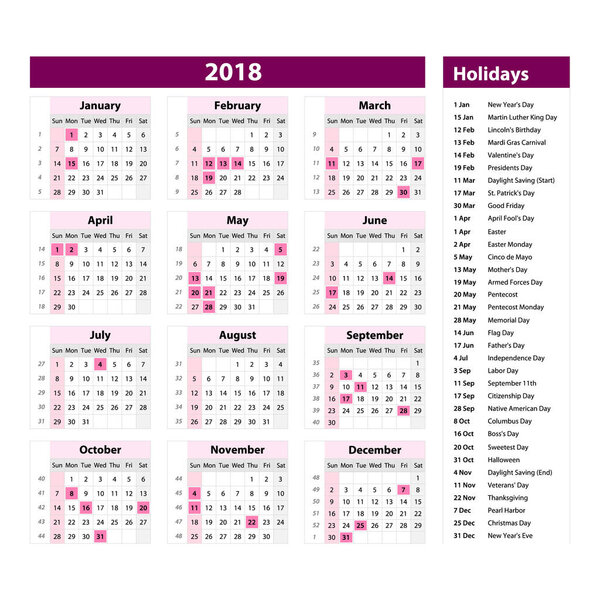 Vector of 2018 new year calendar and holidays. style purple color, Holiday event planner, Week Starts Sunday.