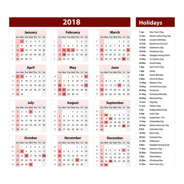 Vector de 2018 calendario de año nuevo y días festivos. estilo color rojo, planificador de eventos de vacaciones, Semana comienza el domingo . — Vector de stock