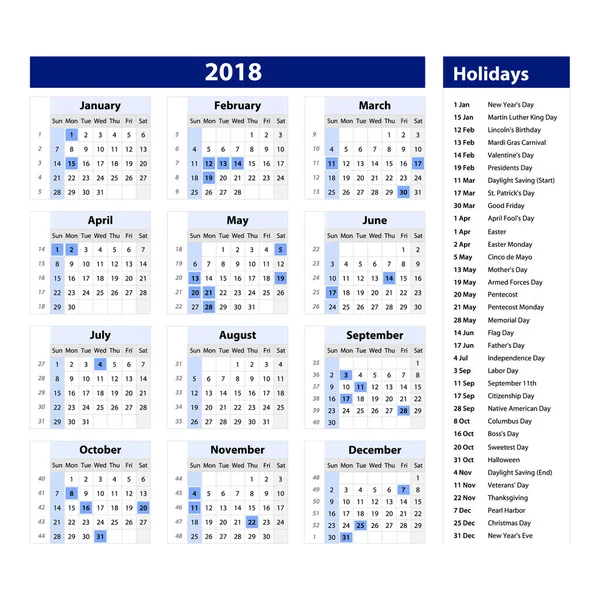 Vektor tahun baru 2018 kalender dan hari libur. gaya dan warna hitam dan biru, Perencana acara Holiday, Minggu Mulai . - Stok Vektor