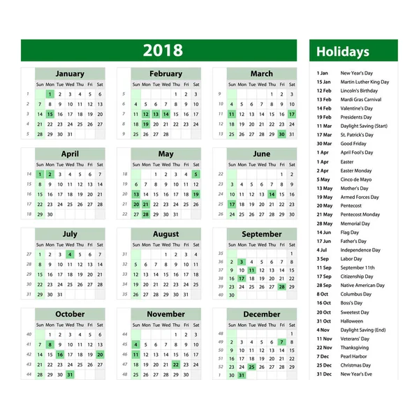 Vector de 2018 calendario de año nuevo y días festivos. estilo color verde, planificador de eventos de vacaciones, Semana comienza el domingo . — Vector de stock