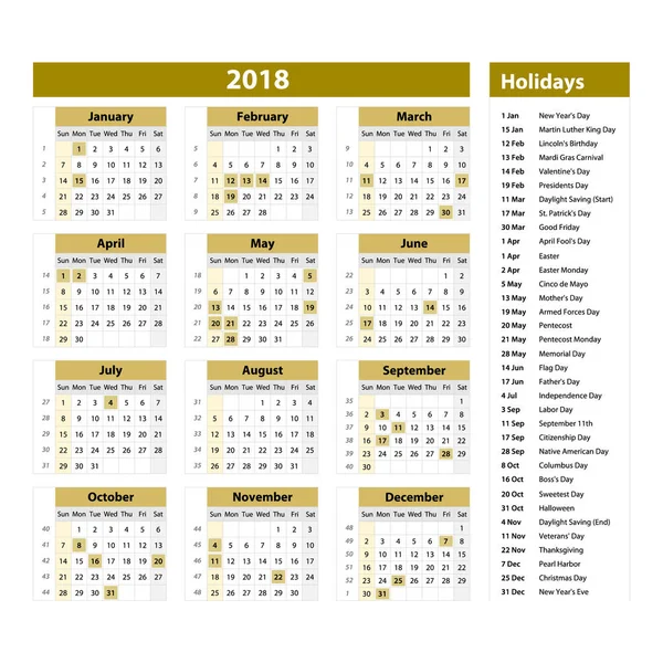Vector de 2018 calendario de año nuevo y días festivos. estilo color marrón, planificador de eventos de vacaciones, Semana comienza el domingo . — Vector de stock